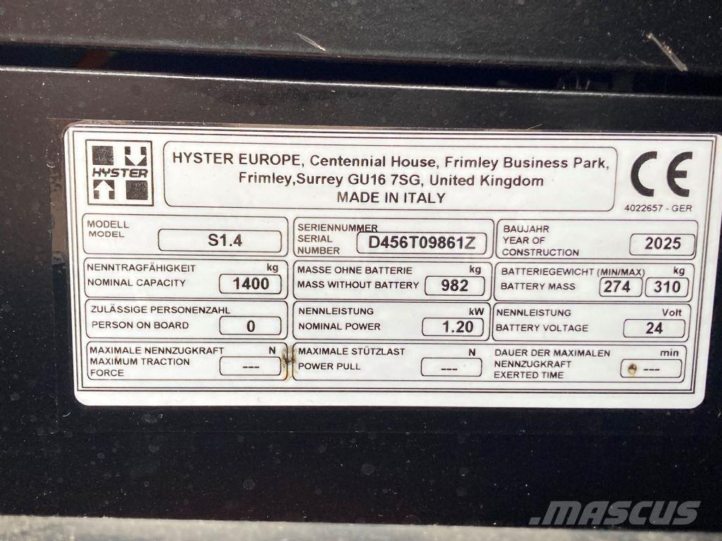 Hyster S 1.4 Meeloop stapelaar