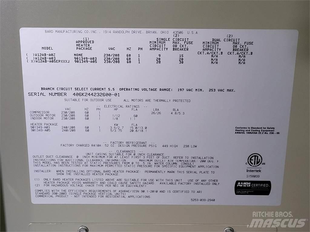  BARD W12AB-A05EPXXXJ Verhittings en ontdooi apparatuur