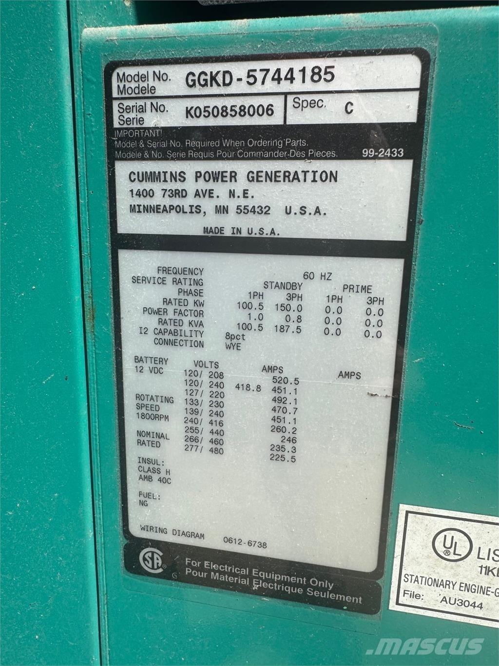 Cummins 150kW Gas generatoren