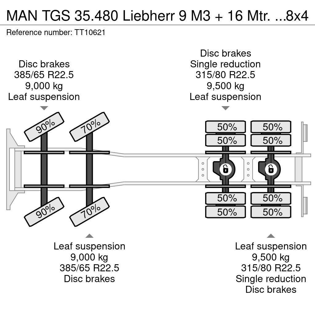 MAN TGS 35.480 Liebherr 9 M3 + 16 Mtr. Belt/Band/Förde Betonmixers en pompen